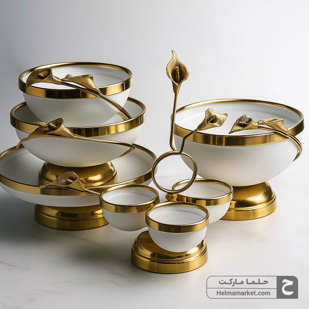 سرویس پذیرایی لیلیوم ۵تکه گل برنجی رنگ سفید