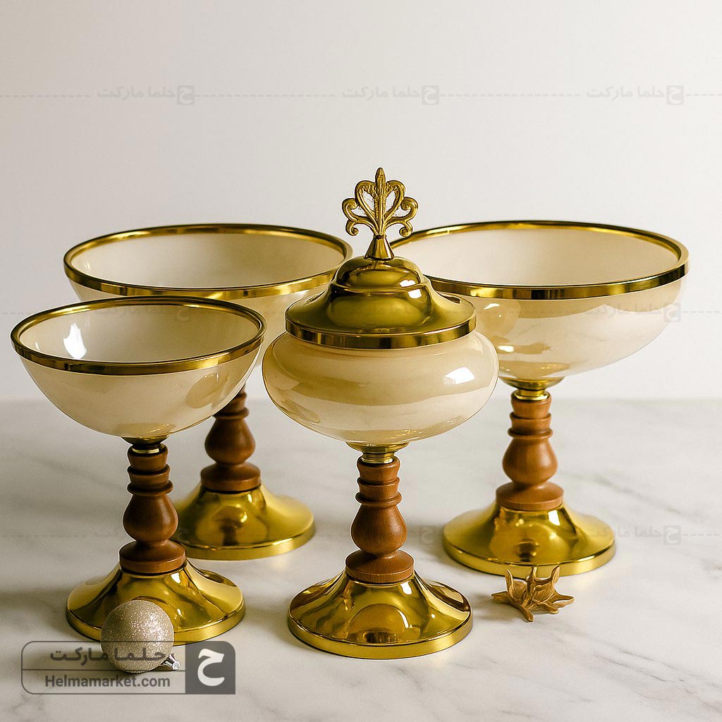 سرویس پذیرایی ۴ تیکه شیشه ای پایه چوب