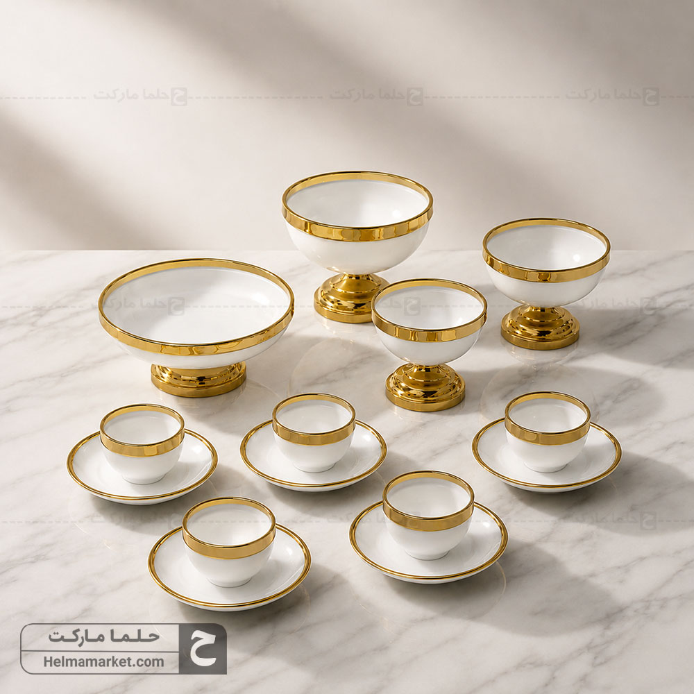 سرویس پذیرای ونیز رنگ سفید + سرویس پیاله و پیش دستی