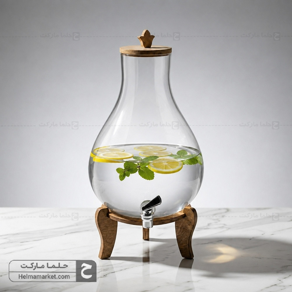 کلمن شیشه ای پایه چوبی ایلیا شیشه ساده شفاف