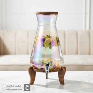 کلمن شیشه ای پایه چوبی کوزه ای شیشه هفت رنگ