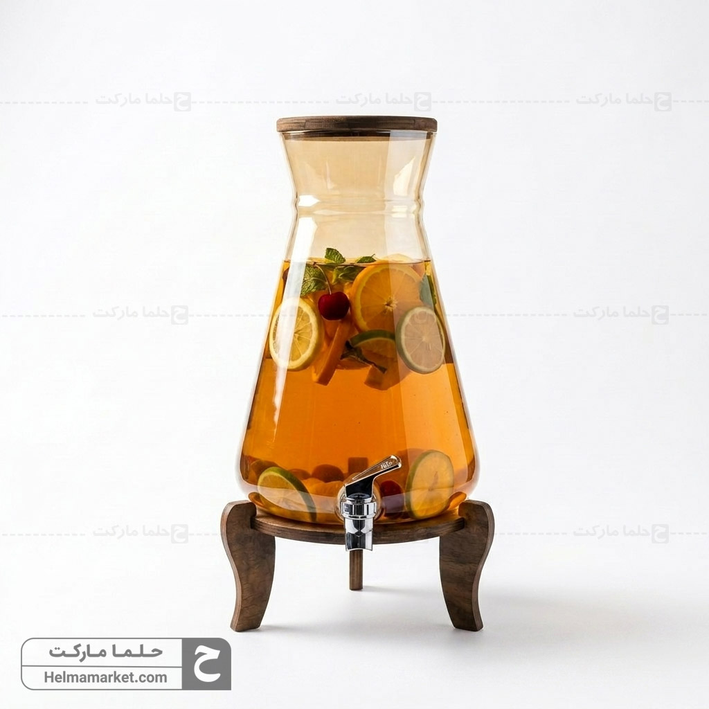 کلمن شیشه ای پایه چوبی کوزه ای شیشه عسلی