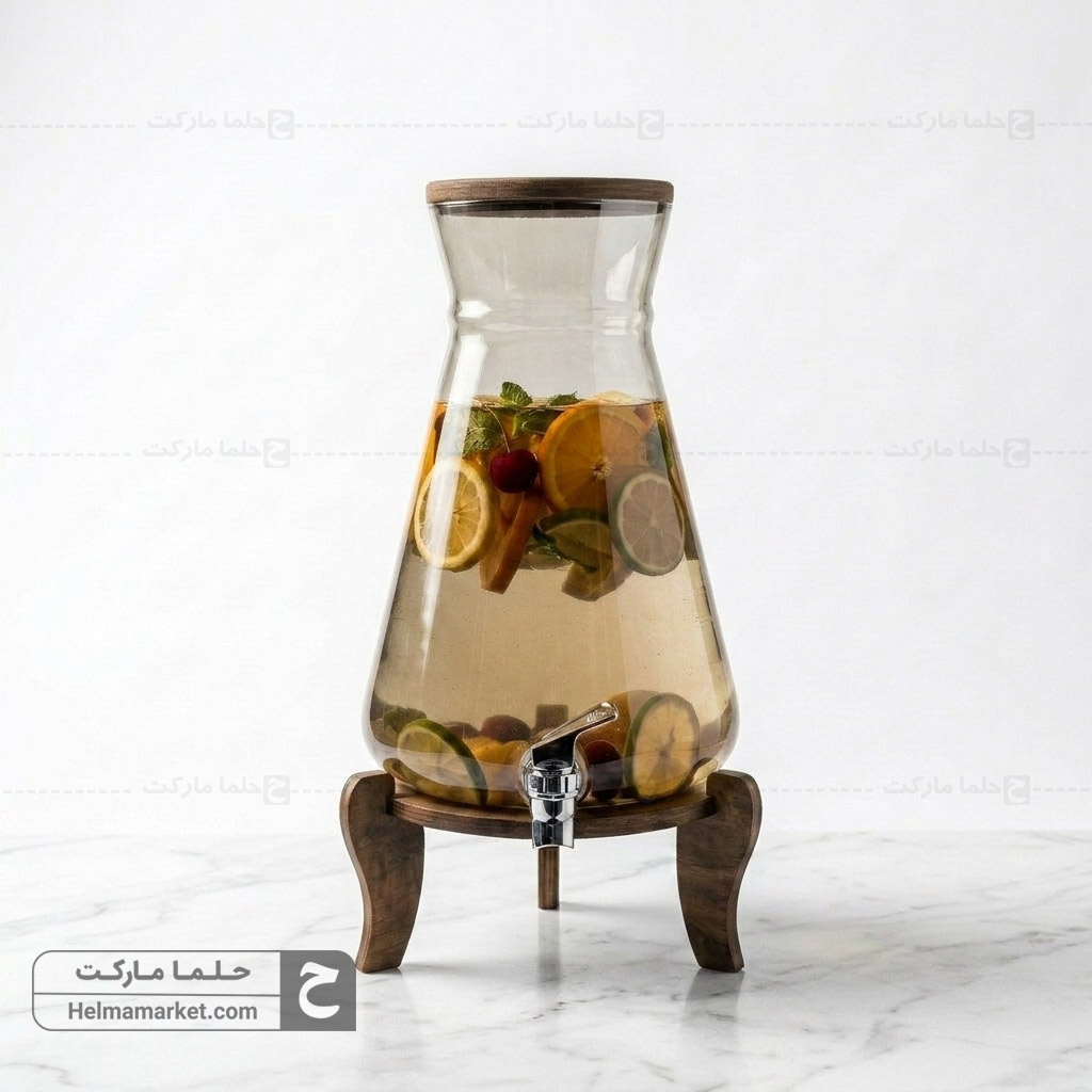 کلمن شیشه ای پایه چوبی کوزه ای شیشه دودی
