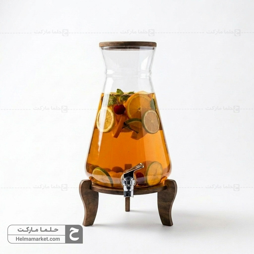 کلمن شیشه ای پایه چوبی کوزه ای شیشه شفاف ساده