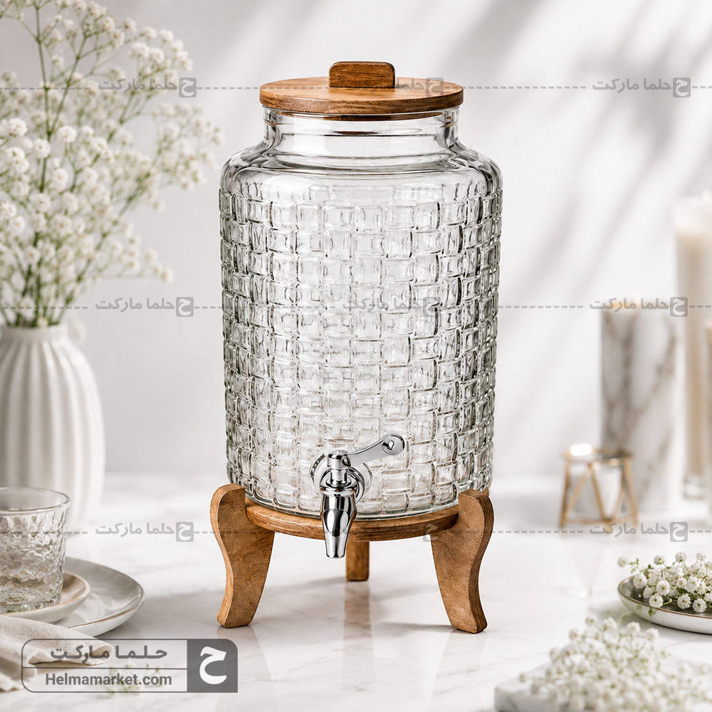 کلمن شیشه ای پایه چوبی حصیری