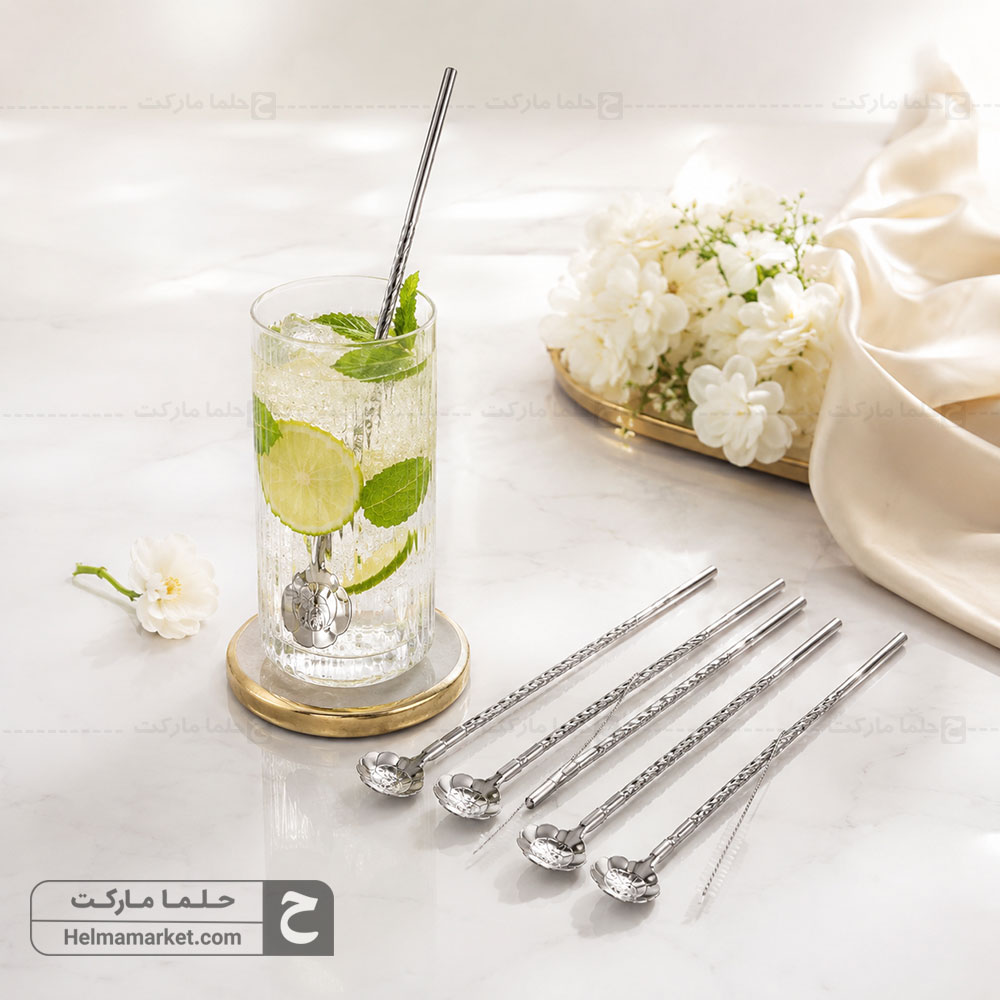 قاشق شربت خوری مدل نی دار پیچی سیلور